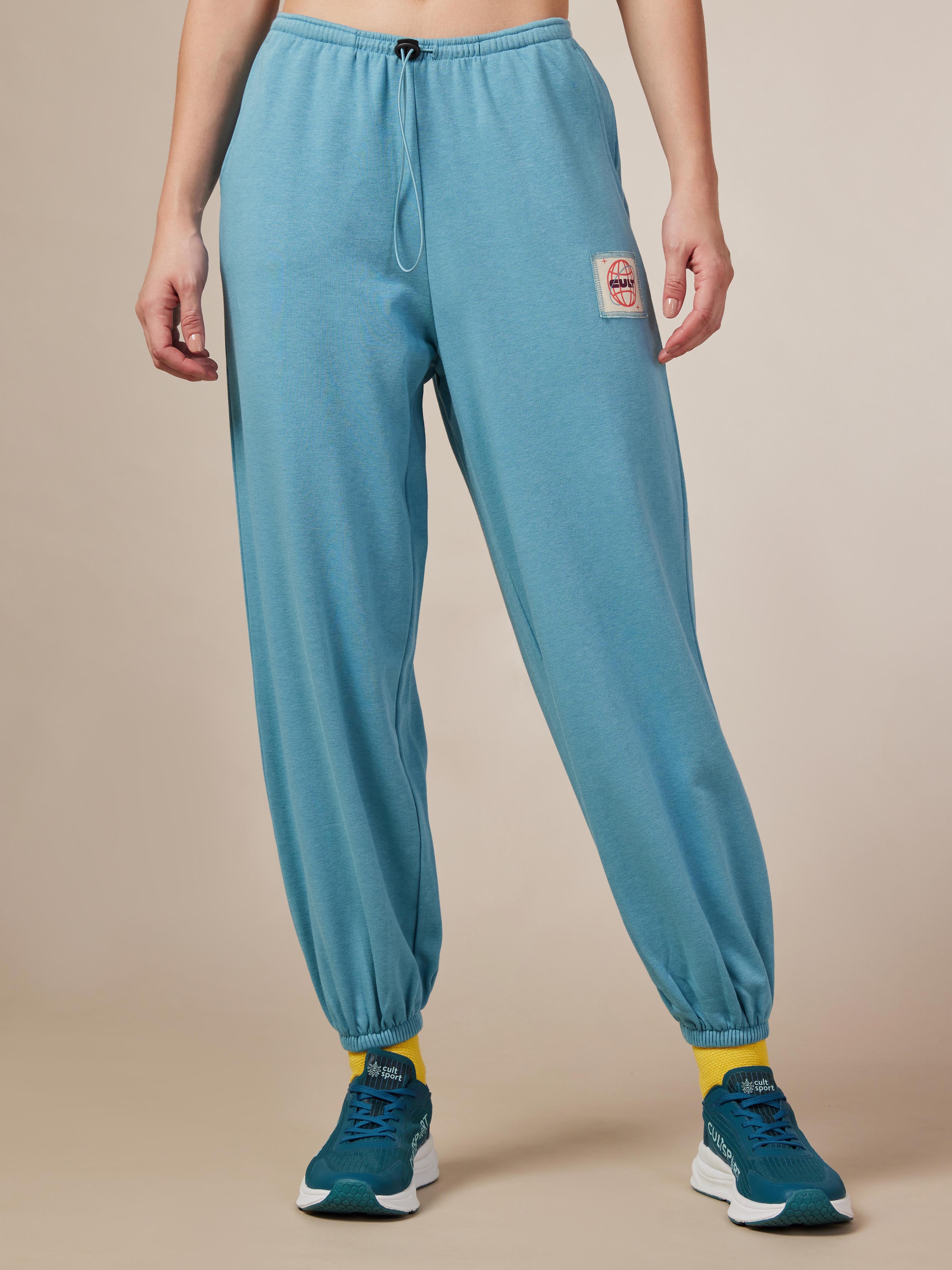 Women's Blue Cult Printed Patch Baggy Joggers - Image 3