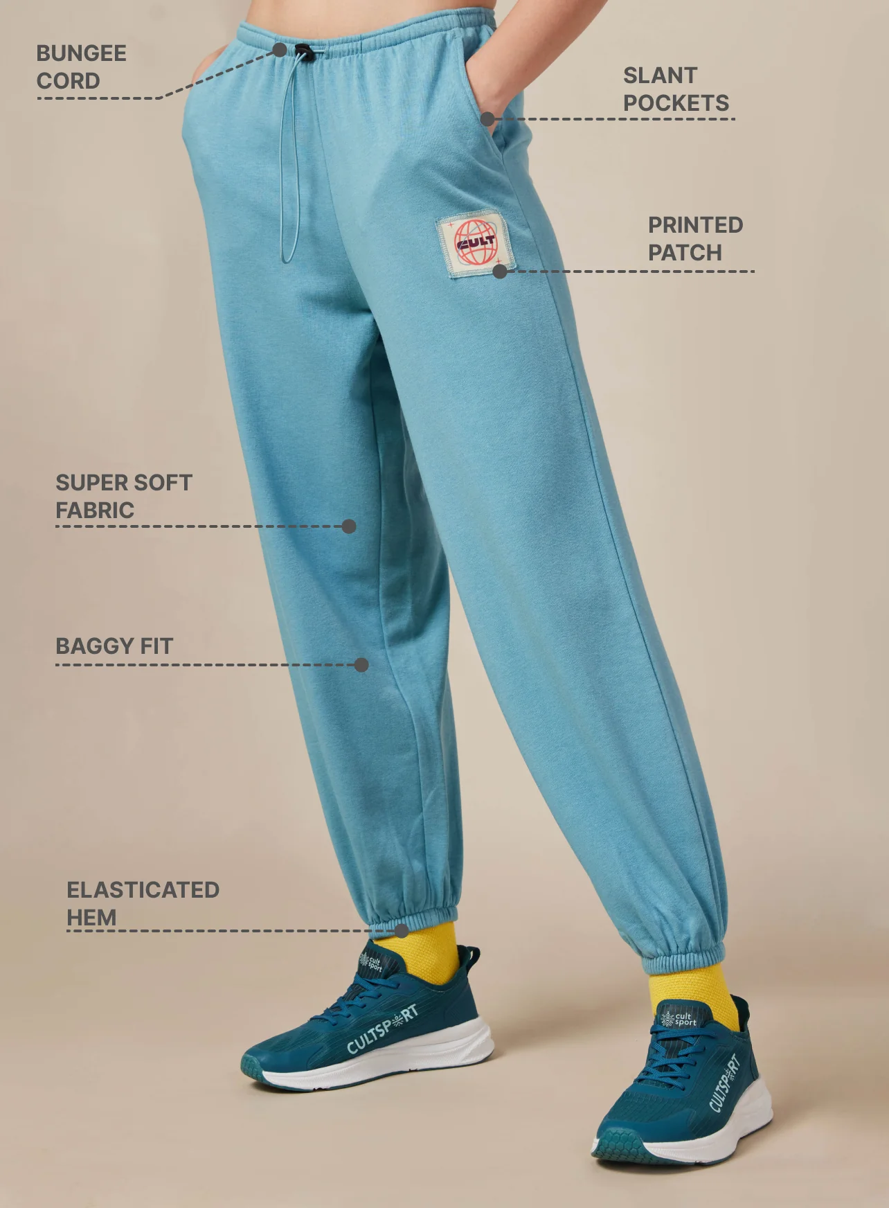 Women's Blue Cult Printed Patch Baggy Joggers - Image 4