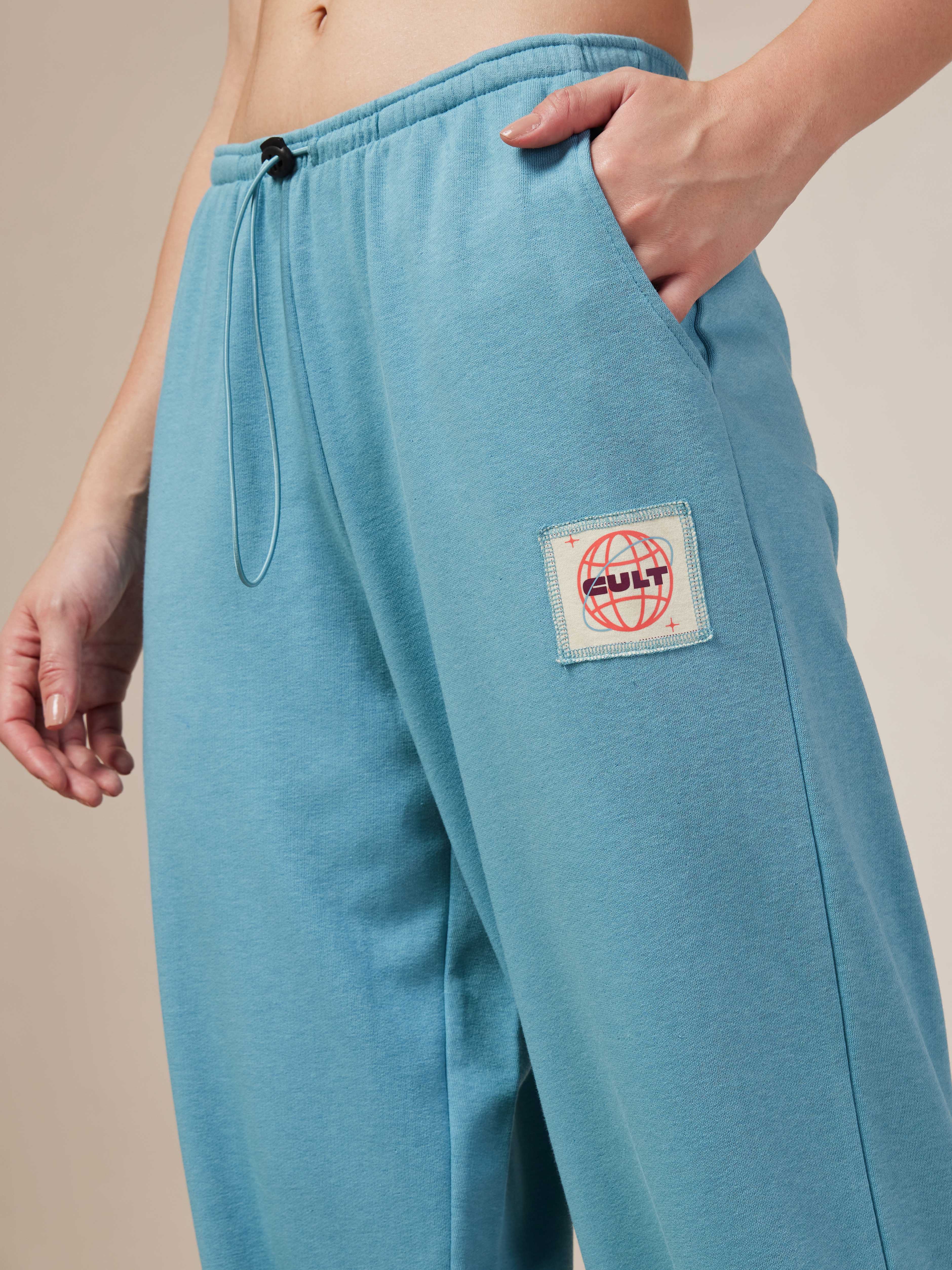 Women's Blue Cult Printed Patch Baggy Joggers - Image 6