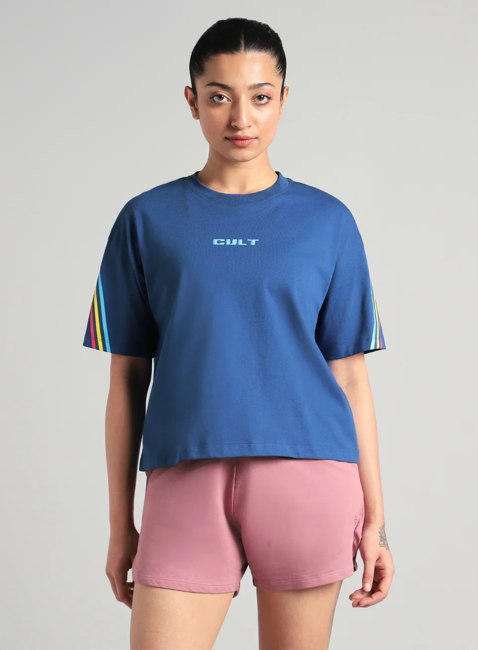 Women's Blue Cult Vibe Stripes Boxy Fit T-shirt - Image 4