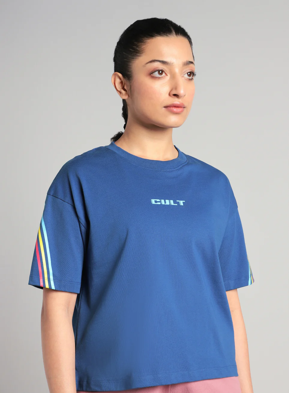 Women's Blue Cult Vibe Stripes Boxy Fit T-shirt - Image 7