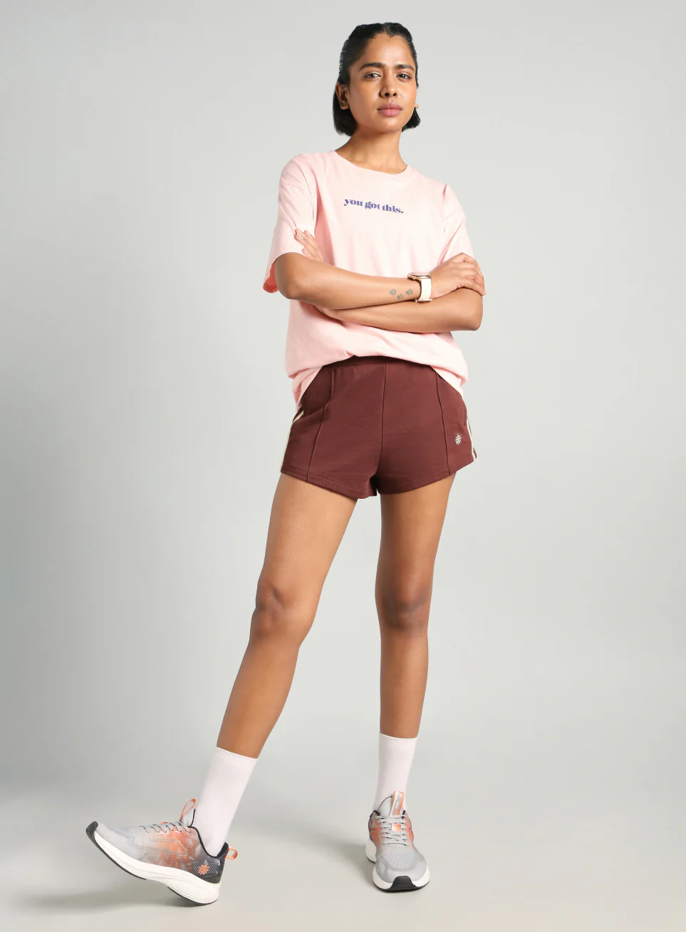 Women's Brown Contrast Power Tape Shorts - Image 2