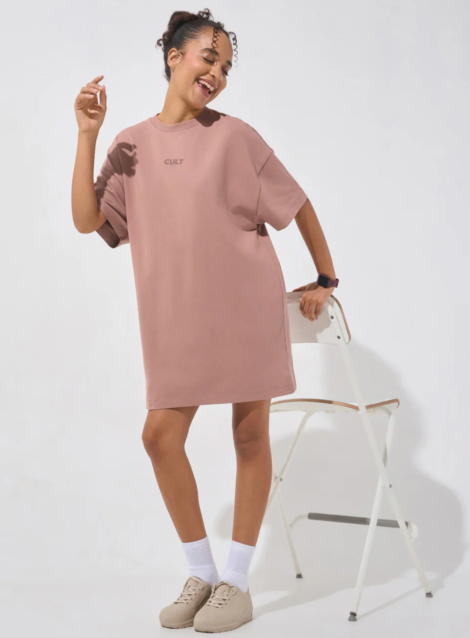 Women's Brown Soft Form Oversized T-shirt Dress - Image 3