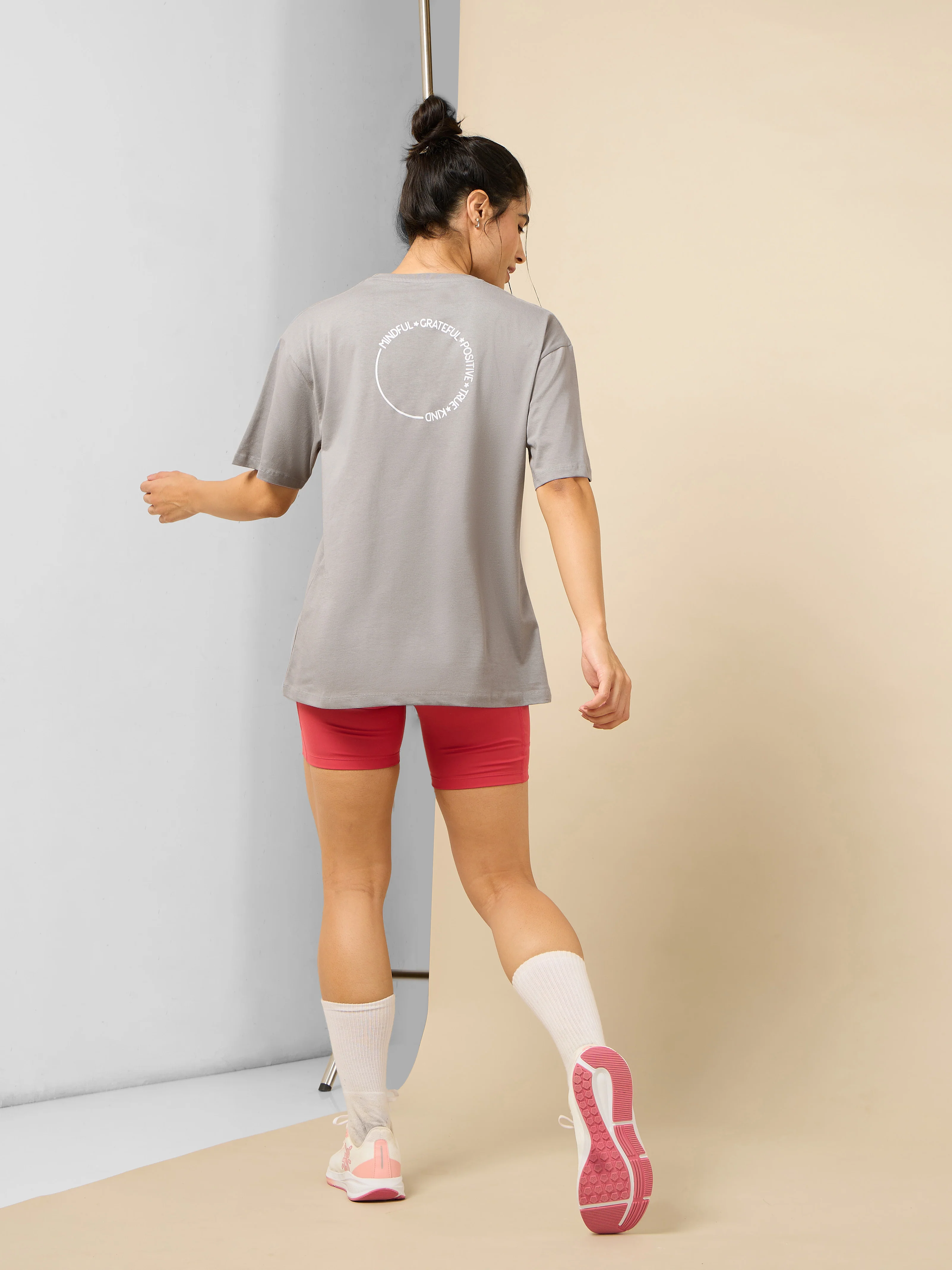 Women's Circle Of Positive Grey Printed Oversized T-shirt - Image 2