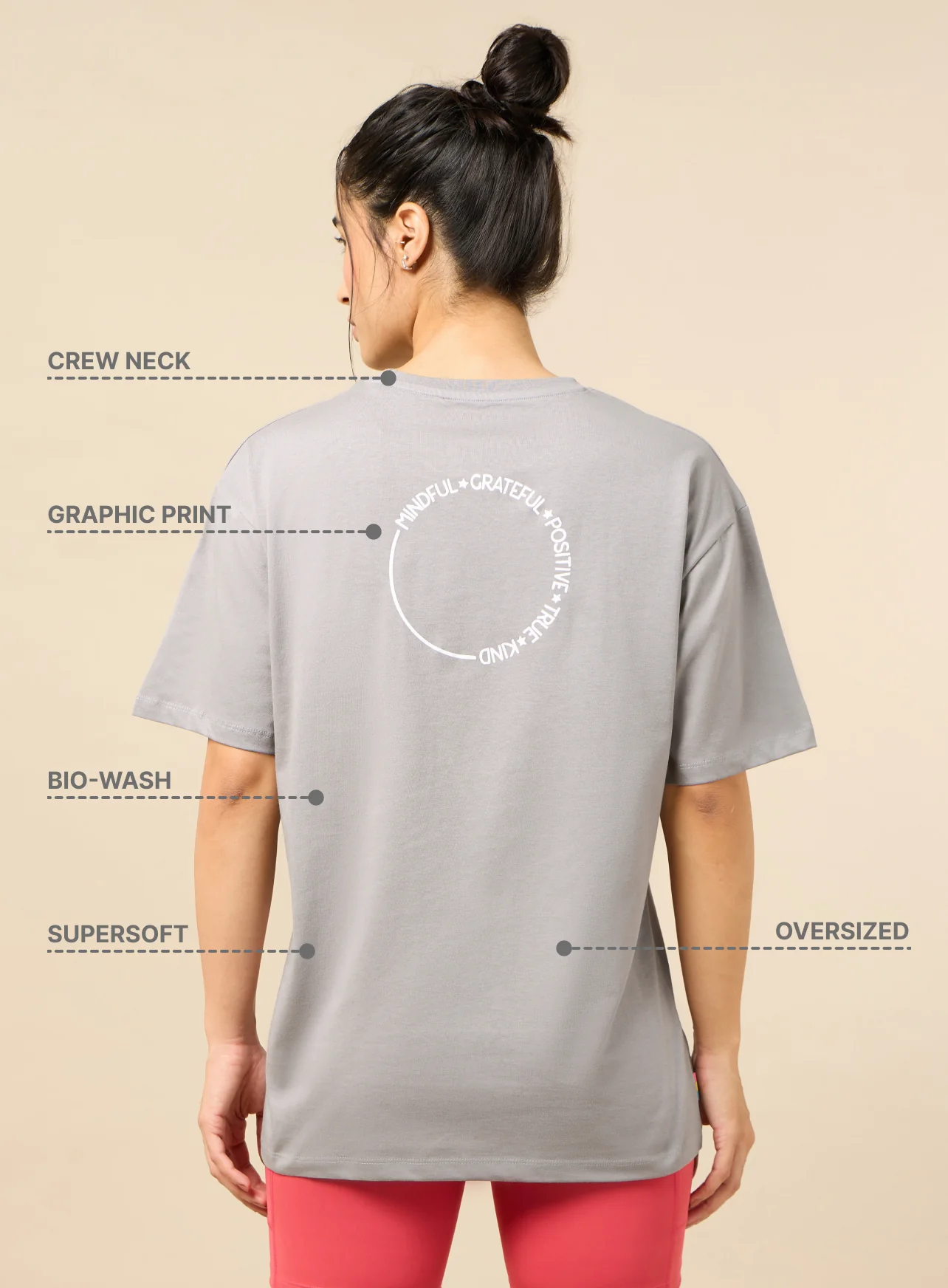 Women's Circle Of Positive Grey Printed Oversized T-shirt - Image 6