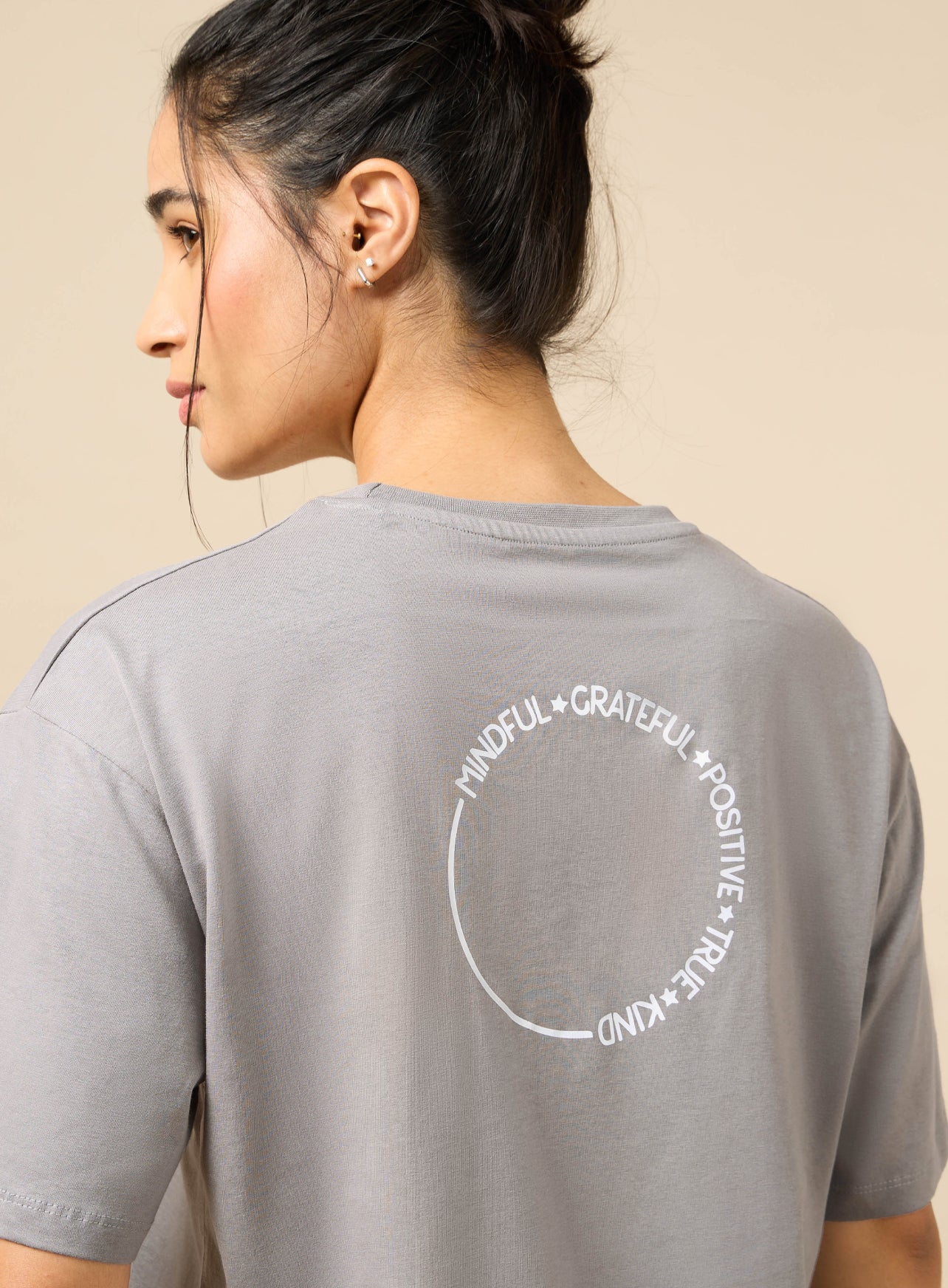 Women's Circle Of Positive Grey Printed Oversized T-shirt - Image 7