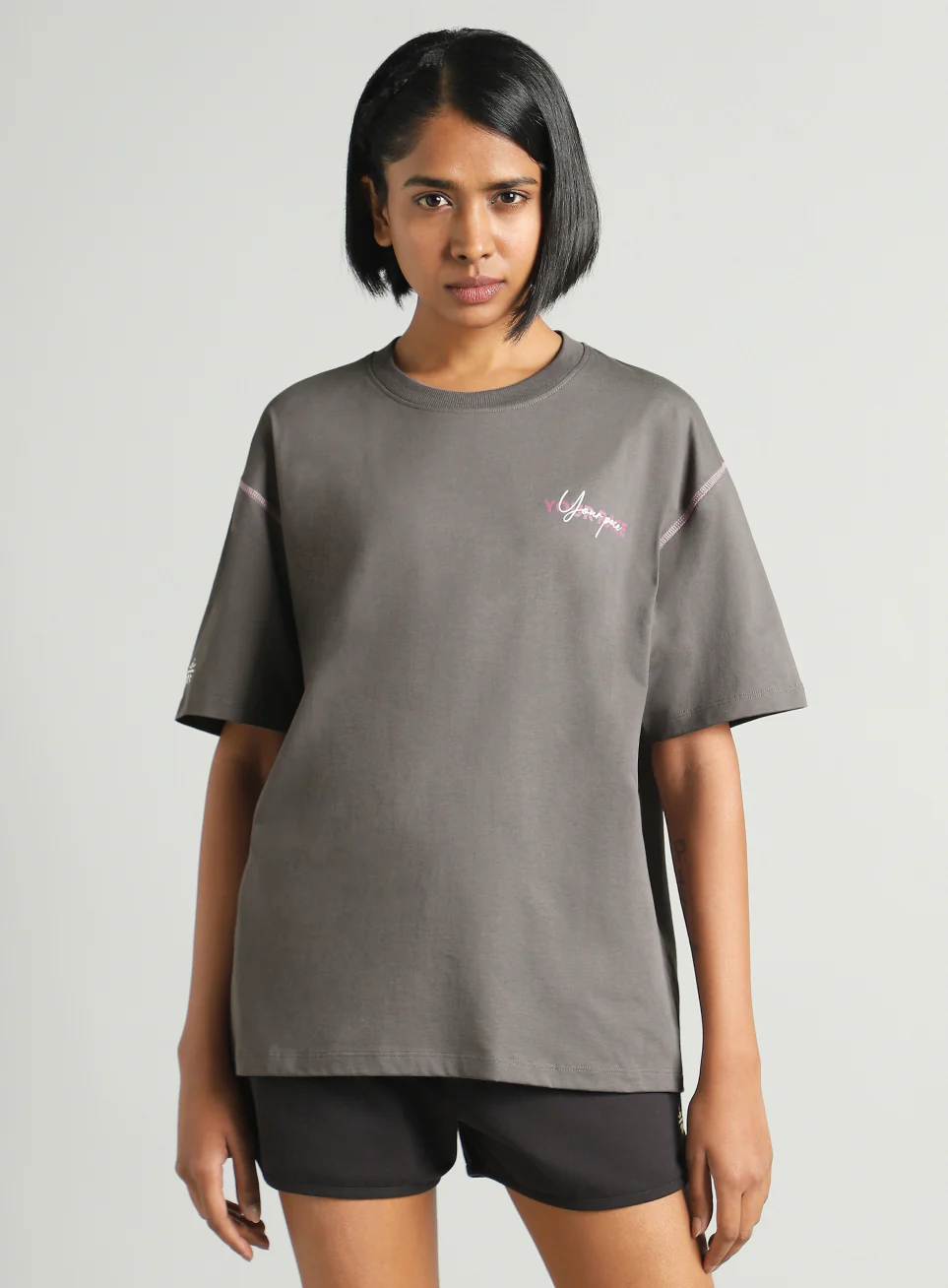Women's Dark Grey Mini Graphic Oversized Fit T-shirt - Image 4