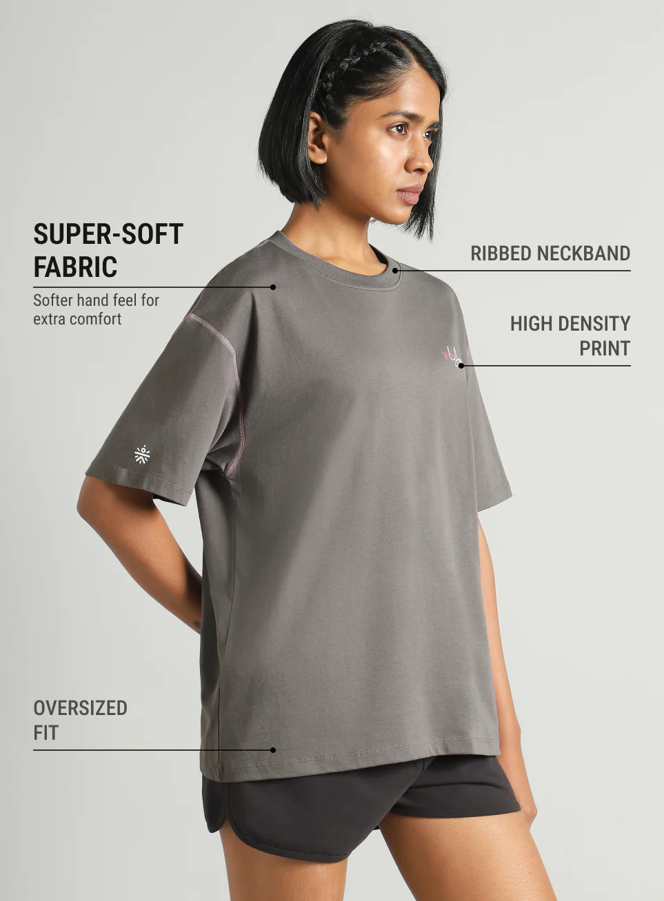 Women's Dark Grey Mini Graphic Oversized Fit T-shirt - Image 5