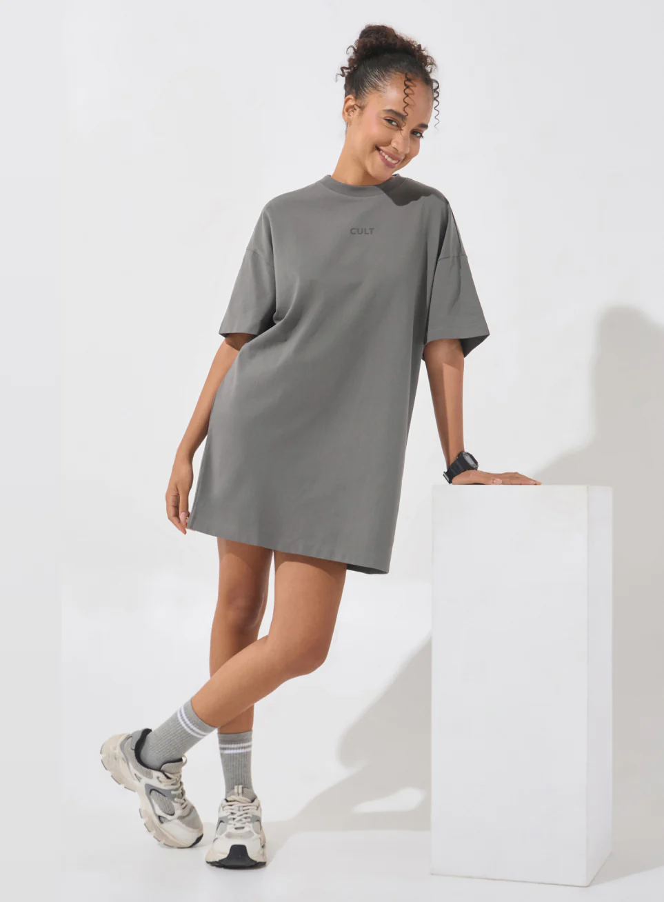 Women's Dark Grey Soft Form Oversized T-shirt Dress - Image 2