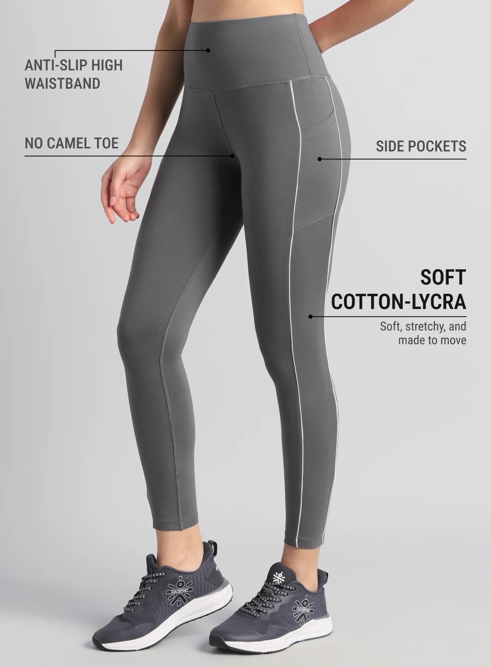 Women's Dark Grey Train and Flow Cotton Tights - Image 5