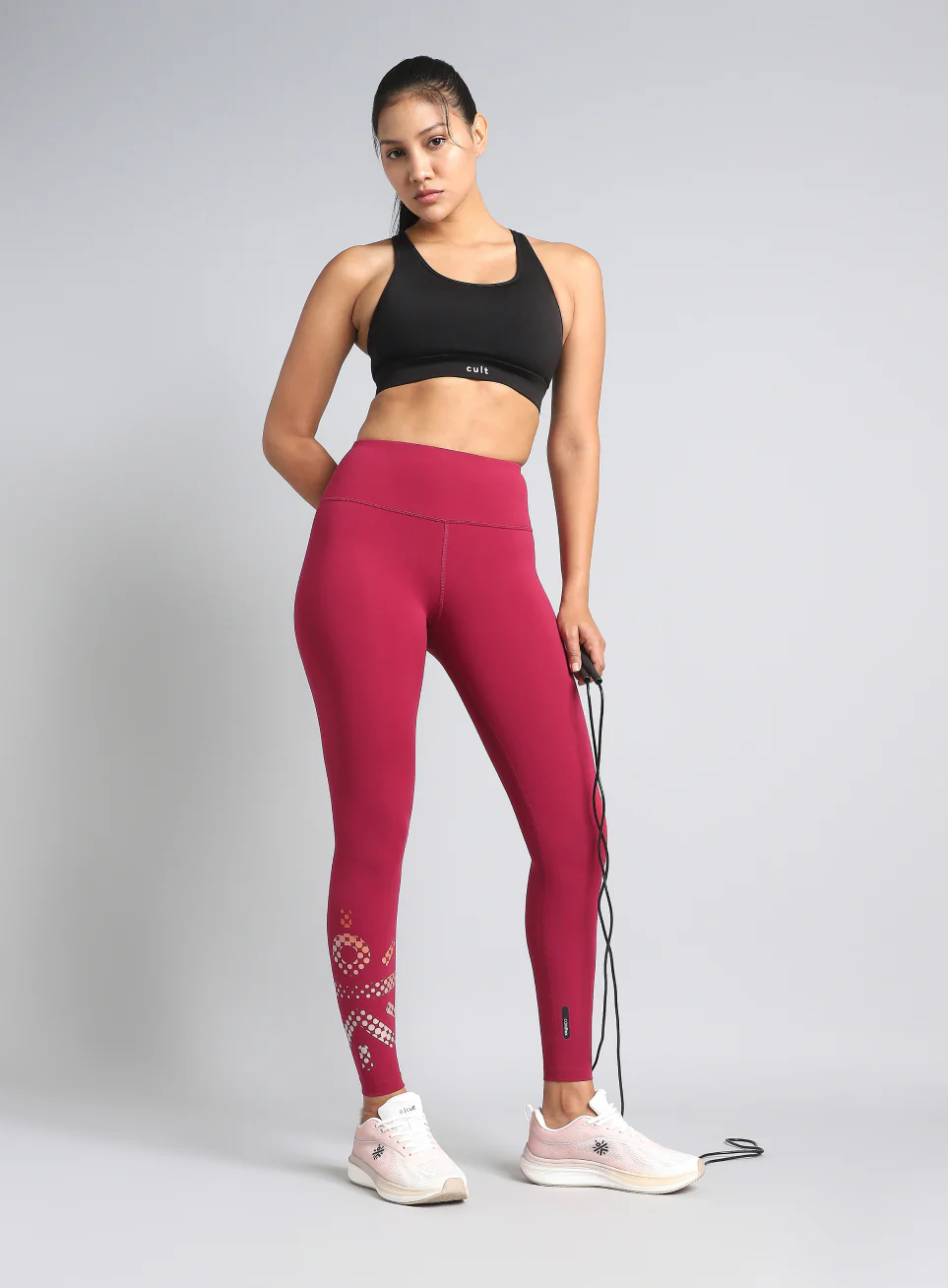 Women's Maroon Absolute Fit Tights with Logo Print and Back Pocket - Image 2