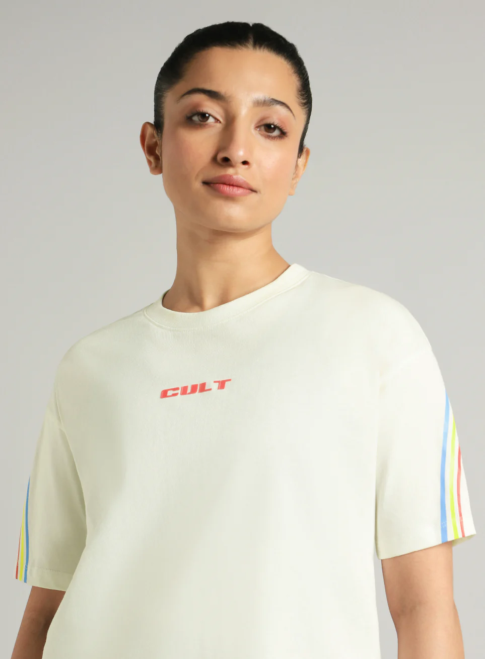 Women's Off White Cult Vibe Stripes Boxy Fit T-shirt - Image 7