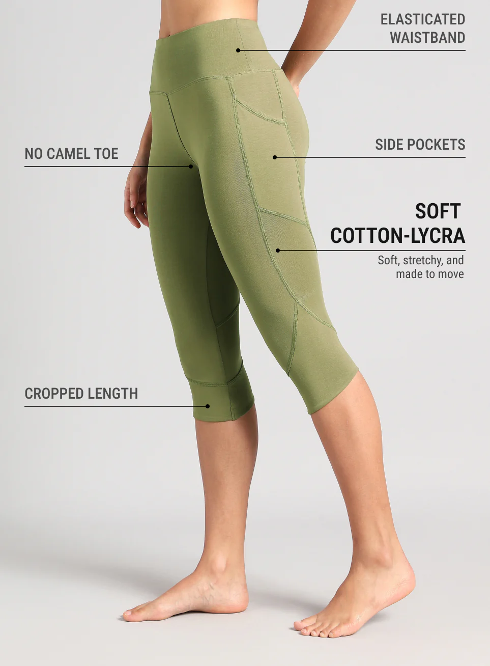 Women's Olive Yoga Flow Cotton Cropped Tights - Image 5