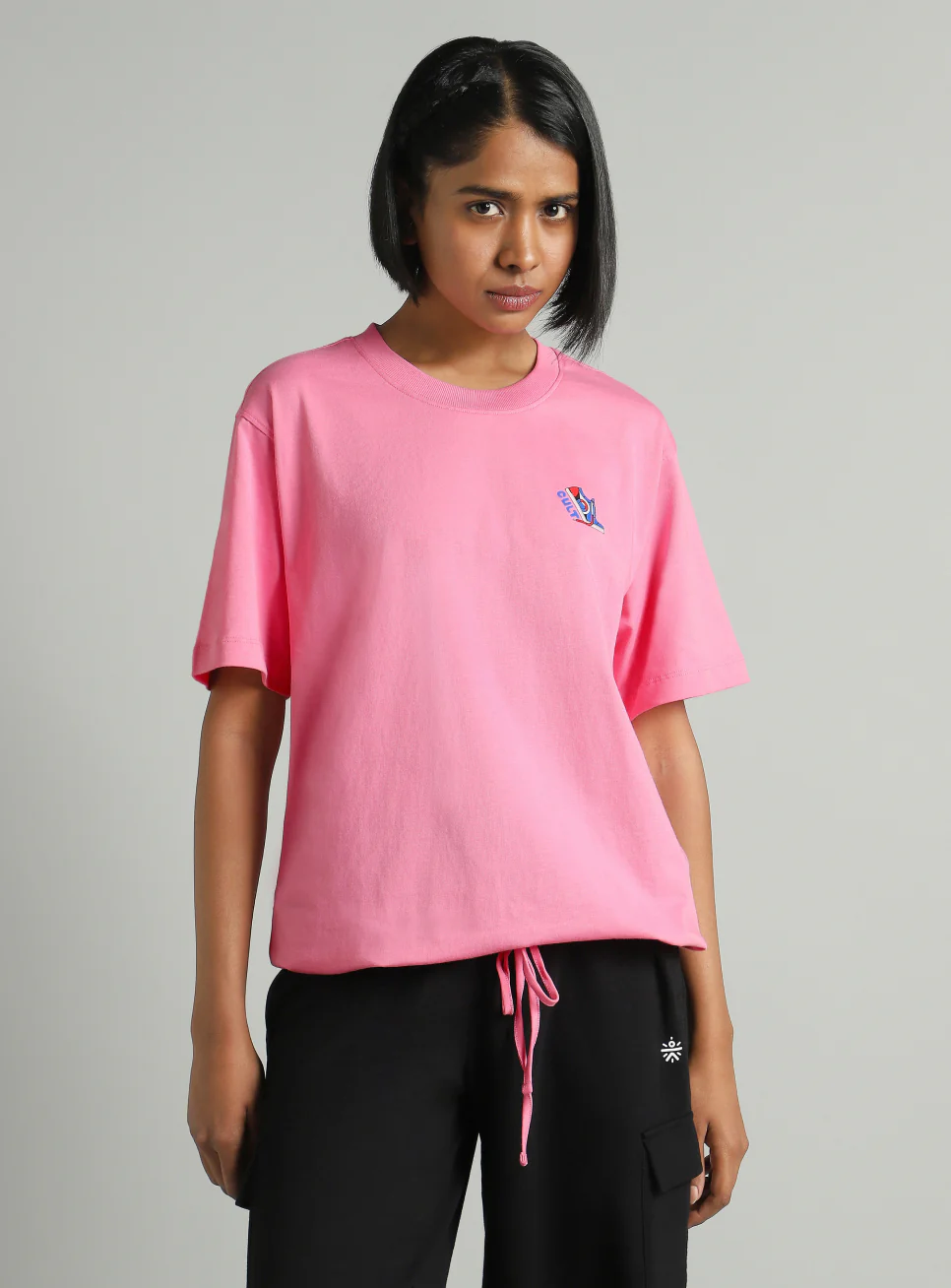 Women's Pink Tie Up Relaxed Fit T-shirt - Image 4