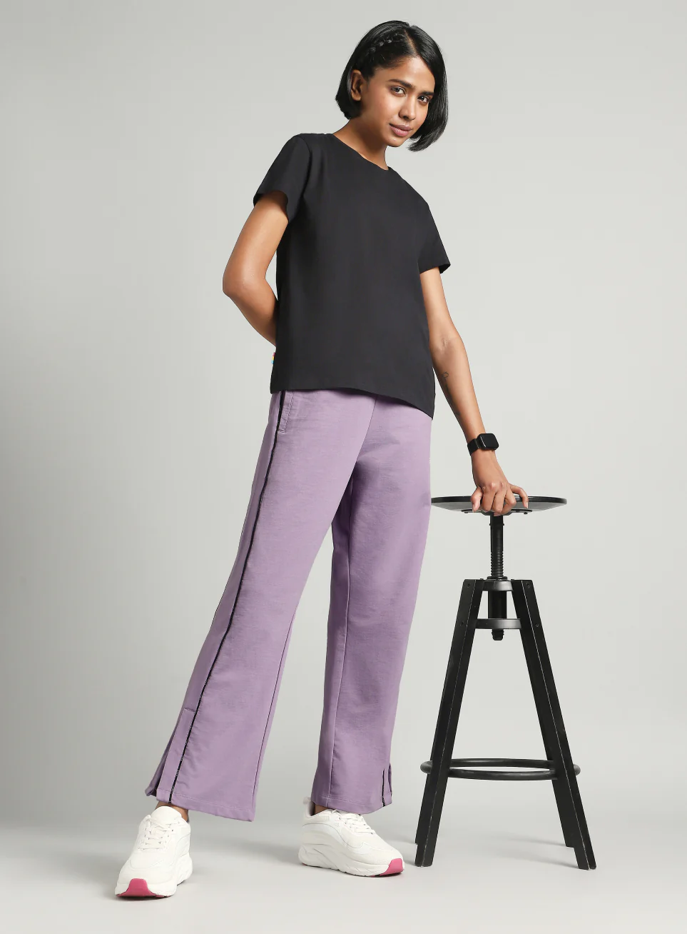 Women's Purple Panelled Straight Fit Trackpants - Image 2