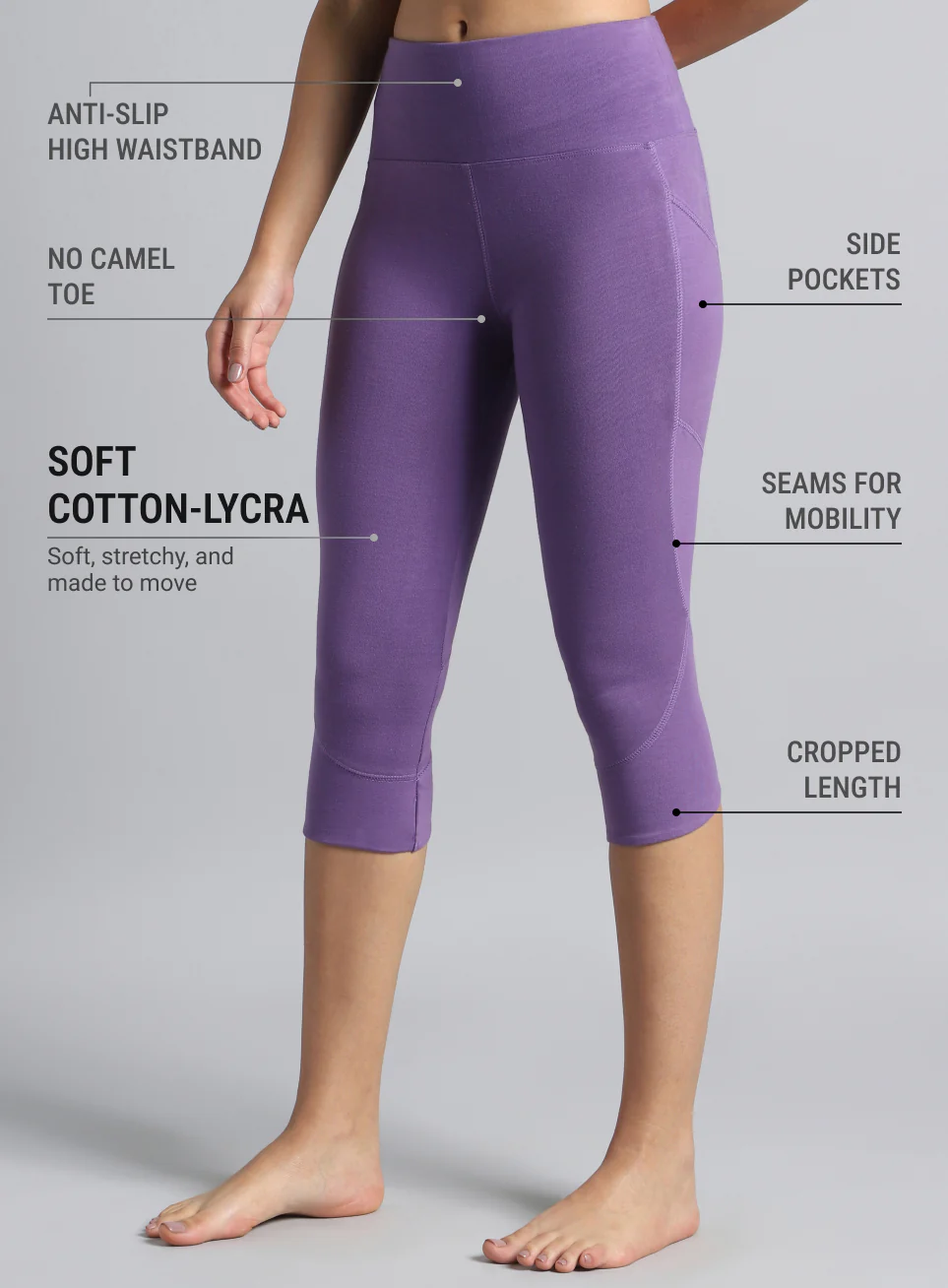 Women's Purple Yoga Flow Cotton Cropped Tights - Image 5
