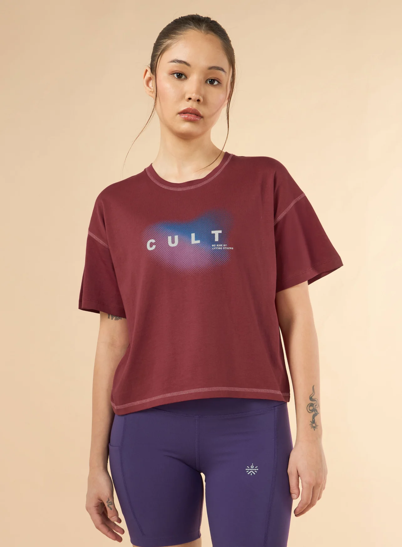 Women's Maroon Cult Spirit Graphic Boxy Crop T-shirt - Image 4