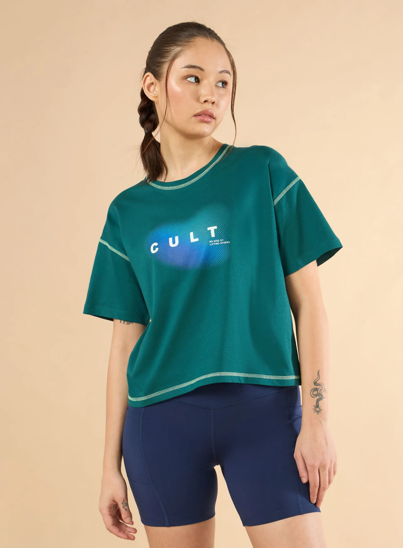 Women's Teal Cult Spirit Graphic Boxy crop T-shirt - Image 4