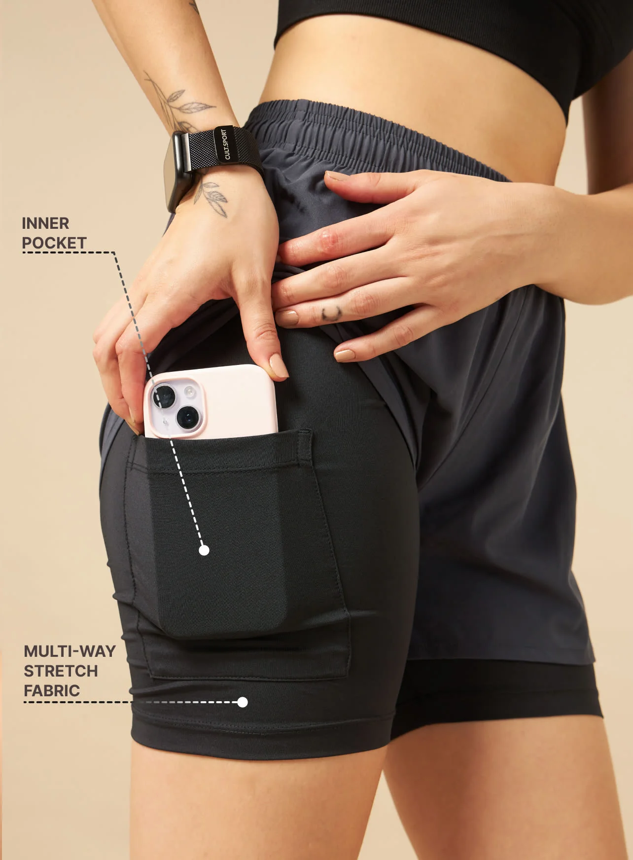 Workout Shorts with Inner Tights - Grey - Image 5