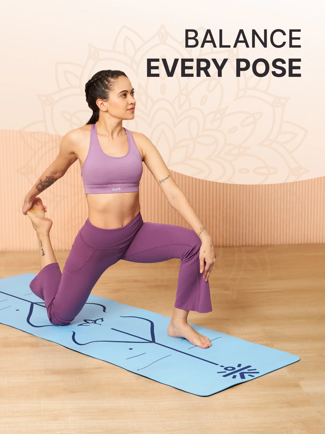 Cult TPE Yoga Mat 6mm   Non-Toxic, Latex-Free, Eco-Friendly, Tear-Resistant, Non-Slip Exercise Mat with Extra Cushioning , Carry Strap and Bag   Ideal for Yoga, Pilates, Meditation & Fitness - Blue with Alignment Marking - Image 3