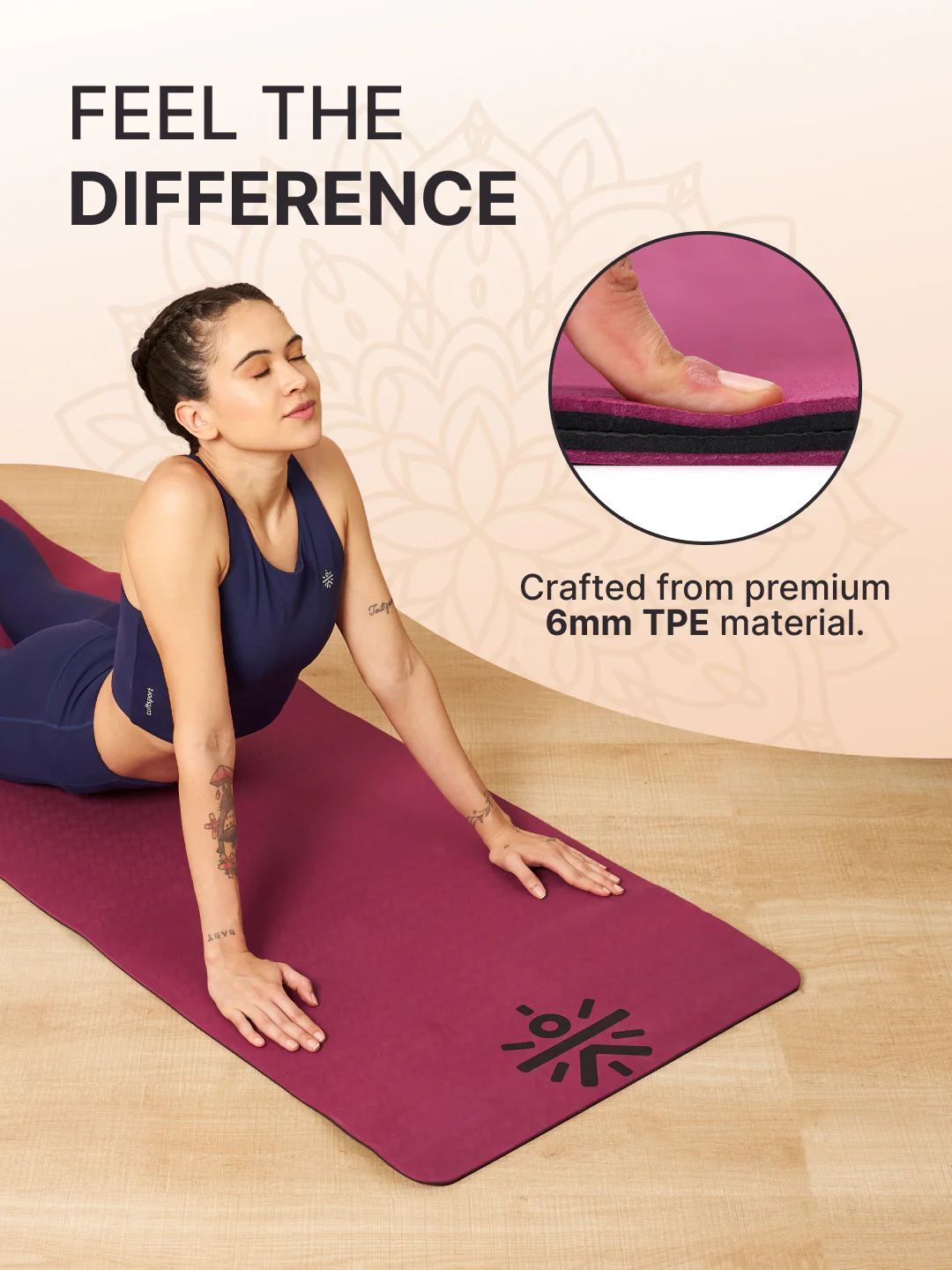 CULT TPE Yoga Mat 6mm with Carry Bag & Strap | Anti-Slip, Sweat Resistant, Lightweight & Durable Exercise Mat for Yoga, Pilates, Meditation & Home Workout   Purple Wine/Black - Image 5