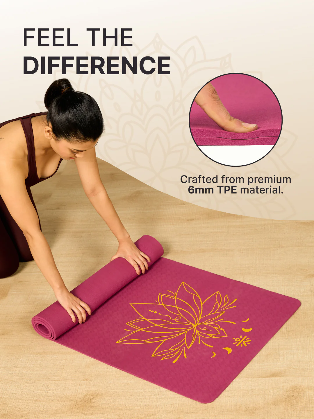 CULT TPE Yoga Mat 6mm with Carry Bag & Strap   Eco-Friendly, Non-Slip, Lightweight & Durable Exercise Mat for Yoga, Pilates, Meditation & Home Workouts   Purple Lotus Print - Image 5